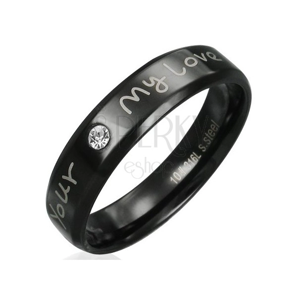 Čelični prsten - crn s izjavom ljubavi i prozirnim cirkonom