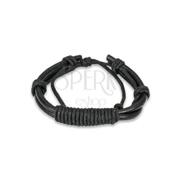 Black leather bracelet - round wrapped strings