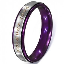 Srebrni čelični prsten - natpis Forever Love, ljubičasti rubovi