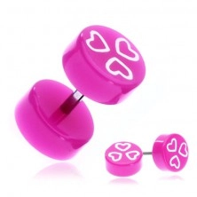 Lažni piercing za uši od akrilika - ružičasti krug sa srcima