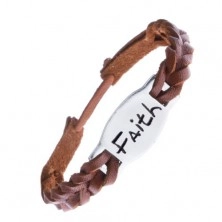 Uska pletena kožna narukvica - karamel smeđa, čelična pločica s natpisom "Faith"