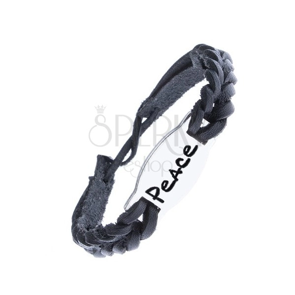 Pletena kožna narukvica - crna, čelična pločica "Peace"