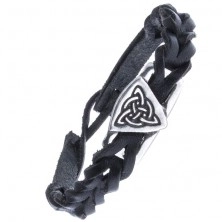 Crna kožna narukvica - pletena, keltski čvor s krugom