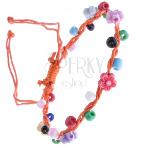 Narančasta pletena narukvica - raznobojne perlice i cvijeće