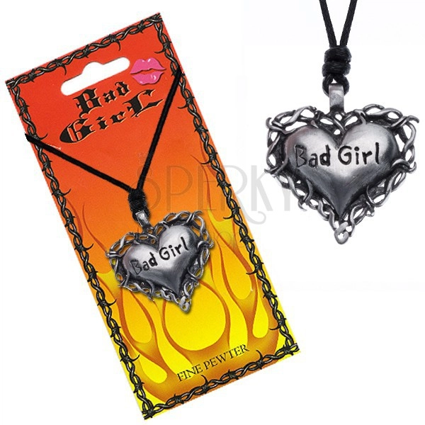 Ogrlica s privjeskom u obliku srca s trnjem, natpis "Bad girl"