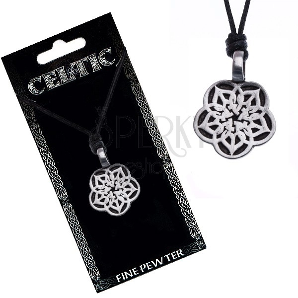 Ogrlica sa špagicom - crna, metalni privjesak, keltski cvijet