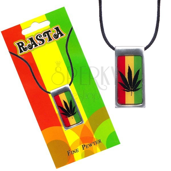 Ogrlica, pravokutna pločica s listom kanabisa, rastafarijanske boje