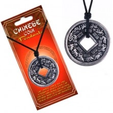 Crna ogrlica od špagice - privjesak, kineski novčić, zodijak