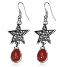 Metalne naušnice - petokraka zvijezda sa cirkonima i crvenim kamenom