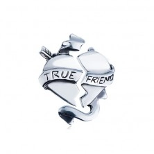 Dvostruki srebrni privjesak - razlomljeno srce s vrpcom i natpisom "TRUE FRIEND"