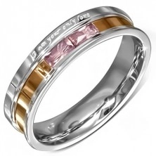 Čelični prsten, ružičasti cirkoni, ugraviran natpis ljubavi