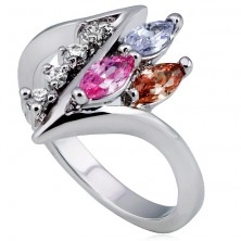 Sjajni prsten, oštro uvijena linija sa prozirnim cirkonima i cirkonima u boji