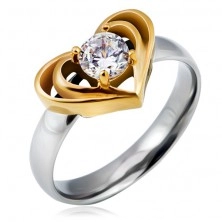 Čelični prsten srebrne boje sa zlatnim dvostrukim srcem, prozirni cirkon