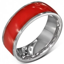 Čelični prsten - sjajni crveni vjenčani prsten, srebrni rubovi, 8 mm