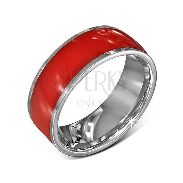 Čelični prsten - sjajni crveni vjenčani prsten, srebrni rubovi, 8 mm