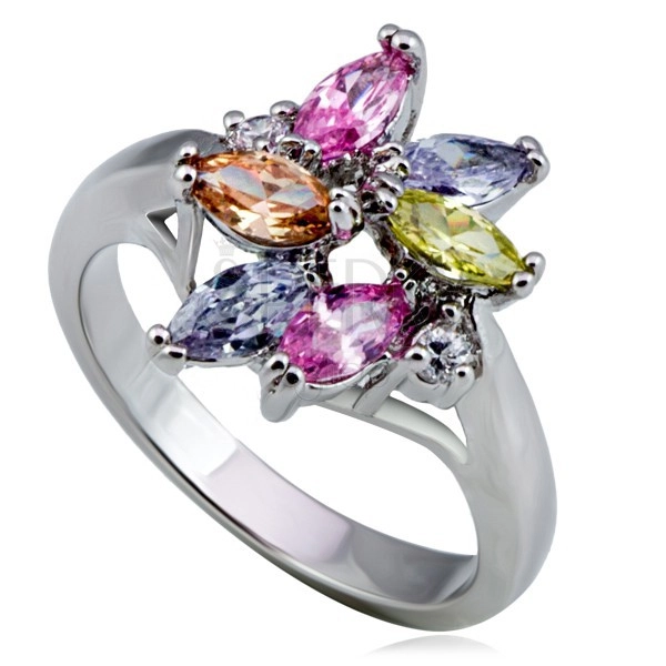 Sjajni metalni prsten - cvijet, raznobojni okrugli i u obliku suze cirkoni