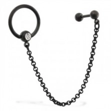 Crni piercing za uho - čelični prsten i cirkon