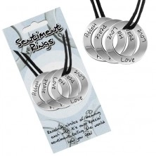 Ogrlica od crne vrpce - tri koluta, natpis "Love, Peace, Happy"