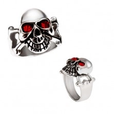 Sjajni prsten od čelika - srebrna lubanja sa crvenim očima