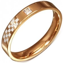 Vjenčani prsten od čelika ružičasto zlatne boje, bijela šahovska ploča, cirkon