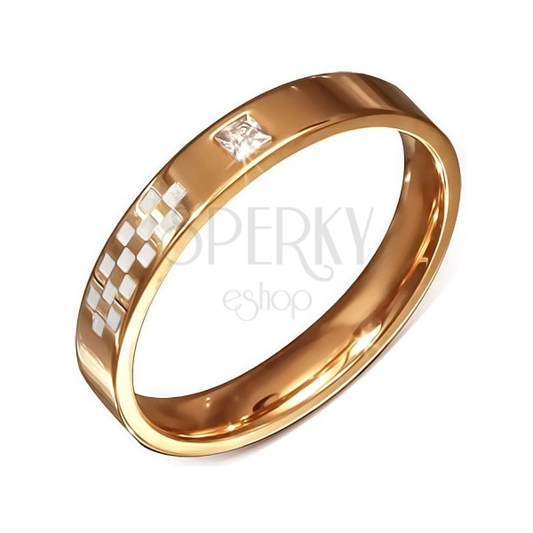 Vjenčani prsten od čelika ružičasto zlatne boje, bijela šahovska ploča, cirkon