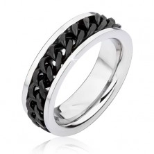 Prsten od nehrđajućeg čelika srebrne boje sa rotirajućim crnim lančićem