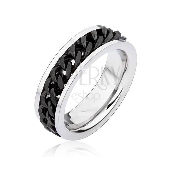 Prsten od nehrđajućeg čelika srebrne boje sa rotirajućim crnim lančićem