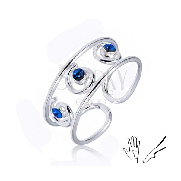 Srebrni prsten za nogu ili ruku, tri plava cirkona u spiralama