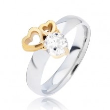 Sjajni čelični prsten sa zlatnom siluetom srca i prozirnim cirkonom