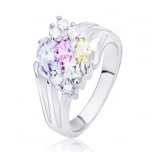 Sjajni prsten srebrne boje, razdvojeni krakovi s ovalnim cirkonima raznih boja