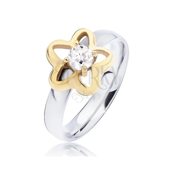 Čelični prsten, zlatna silueta cvijeta sa prozirnim okruglim cirkonom