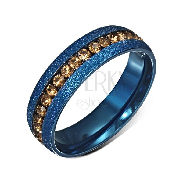 Plavi anodirani vjenčani prsten pjeskarene završne obrade, pruga optočena žutim cirkonima
