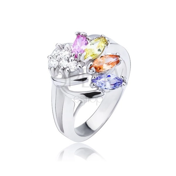 Sjajni prsten srebrne boje, lepeza od prozirnih cirkona i cirkona u boji