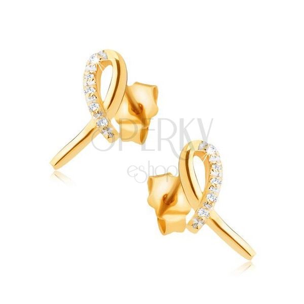 Earrings made of yellow 14K gold - shiny ribbon, loop with clear stones