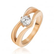 Čelični prsten zlatne boje, dvostruki vrh, okrugli prozirni cirkon