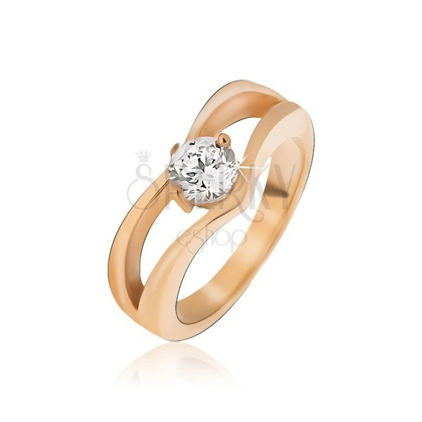 Čelični prsten zlatne boje, dvostruki vrh, okrugli prozirni cirkon