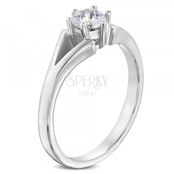 Čelični prsten srebrne boje - zaručnički, odvojeni krakovi, prozirni cirkon