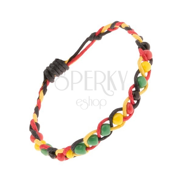 Pletena narukvica od špagica žute, crvene i crne boje s raznobojnim perlicama