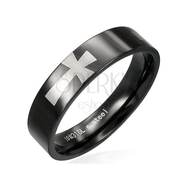 Crni prsten od nehrđajućeg čelika sa križevima srebrne boje na opsegu, 5 mm