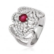 Srebrni prsten, cirkonski križ, valovite linije i ružičasto-crveni kamen