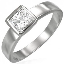 Čelični prsten srebrne boje, prozirni kvadratni cirkon u postolju