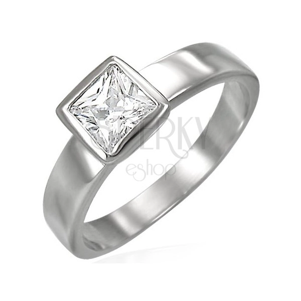Čelični prsten srebrne boje, prozirni kvadratni cirkon u postolju