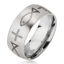 Mat čelični prsten - srebrni obruč, otisnuti križ i riba
