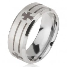 Mat čelični prsten - srebrna boja, print pruga i križa