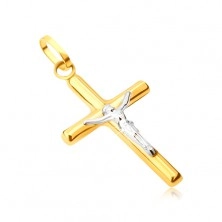 Privjesak od 14K žutog zlata - sjajni latinski križ, Isus na križu od bijelog zlata