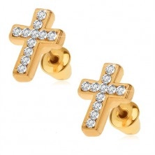 Naušnice zlatne boje, latinski križ sa prozirnim umjetnim dijamantima