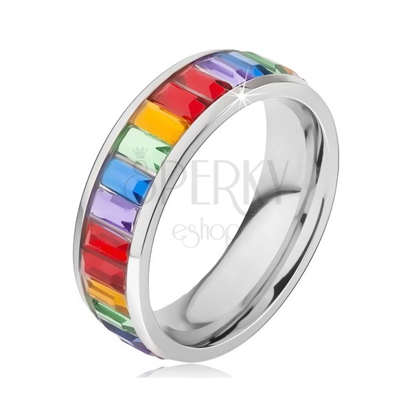 Prsten izrađen od nehrđajućeg čelika, linija sjajnih šarenih cirkona