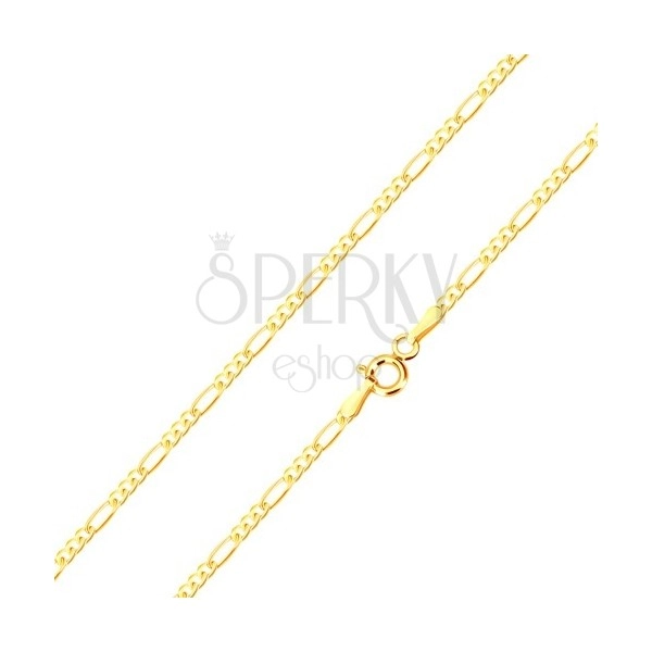 Lančić izrađen od žutog 14 karatnog zlata - tri male karike i duguljasta karika, 450 mm