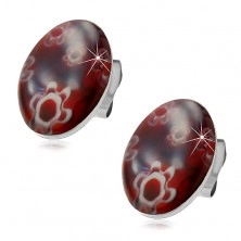 Naušnice izrađene od nehrđajućeg čelika - dugme, tamno crveni oval sa bijelim cvijećem