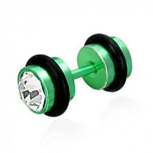 Lažni piercing u zelenoj boji – prozirni cirkoni, crne gumene ukrasne trakice